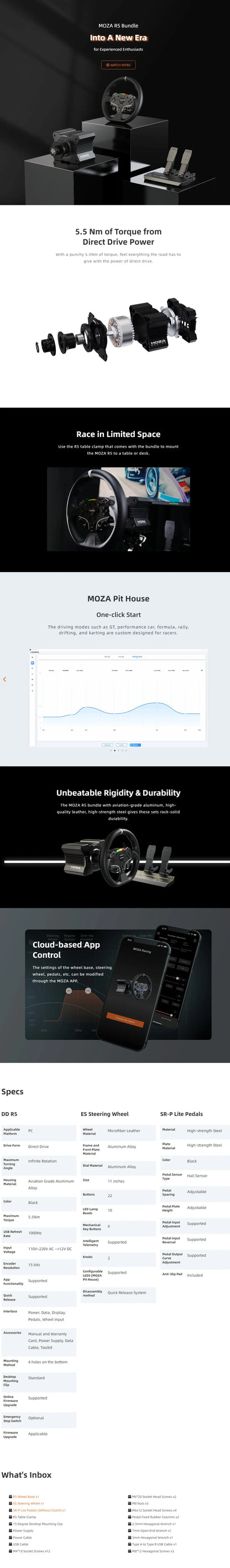 MOZA Racing R5 Direct Drive Wheel Base 5.5 N·m Peak Torque APP Cloud Control with ES Steering Wheel ,Pedals,Table Clamp