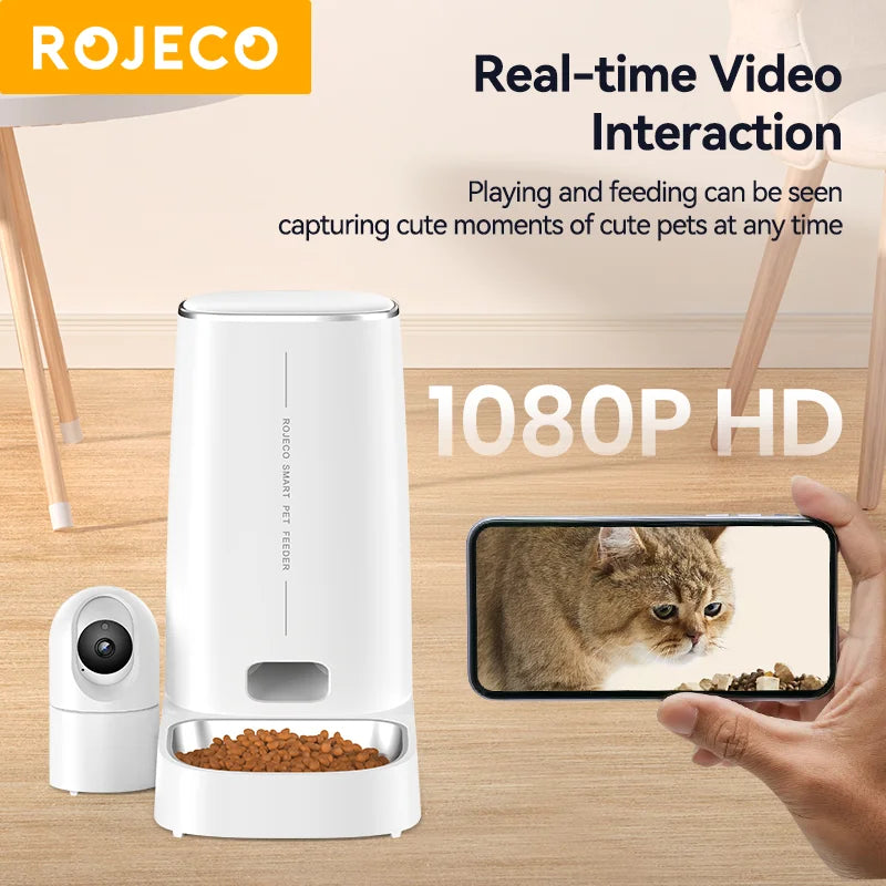ROJECO 4L Automatic Cat Feeder With 360°Rotating Camera Vedio WiFi Cat Food Dispenser Pet Smart Voice Auto Feeder For Cats Dogs