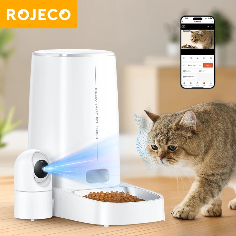 ROJECO 4L Automatic Cat Feeder With 360°Rotating Camera Vedio WiFi Cat Food Dispenser Pet Smart Voice Auto Feeder For Cats Dogs