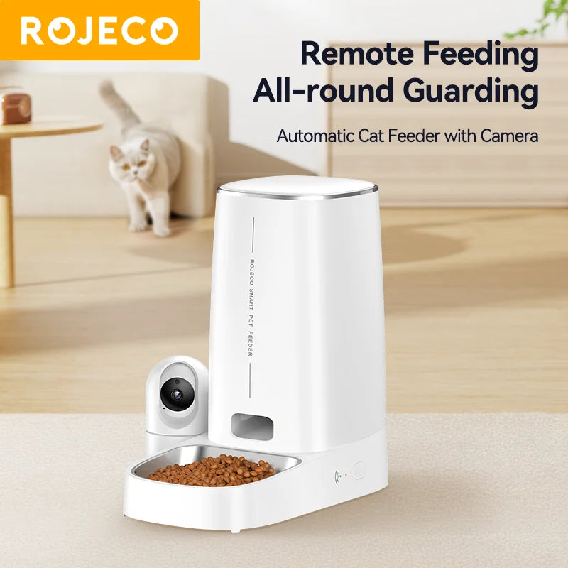 ROJECO 4L Automatic Cat Feeder With 360°Rotating Camera Vedio WiFi Cat Food Dispenser Pet Smart Voice Auto Feeder For Cats Dogs