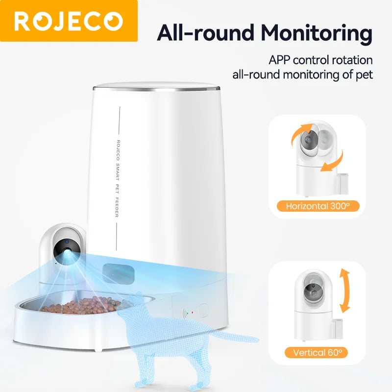 ROJECO 4L Automatic Cat Feeder With 360°Rotating Camera Vedio WiFi Cat Food Dispenser Pet Smart Voice Auto Feeder For Cats Dogs